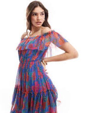 NWT ANAYA Bardot Ruffle Maxi Dress in Tropical Floral Size 4